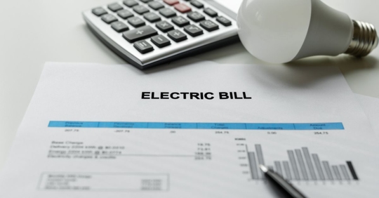 Electric bill, lightbulb, and calculator